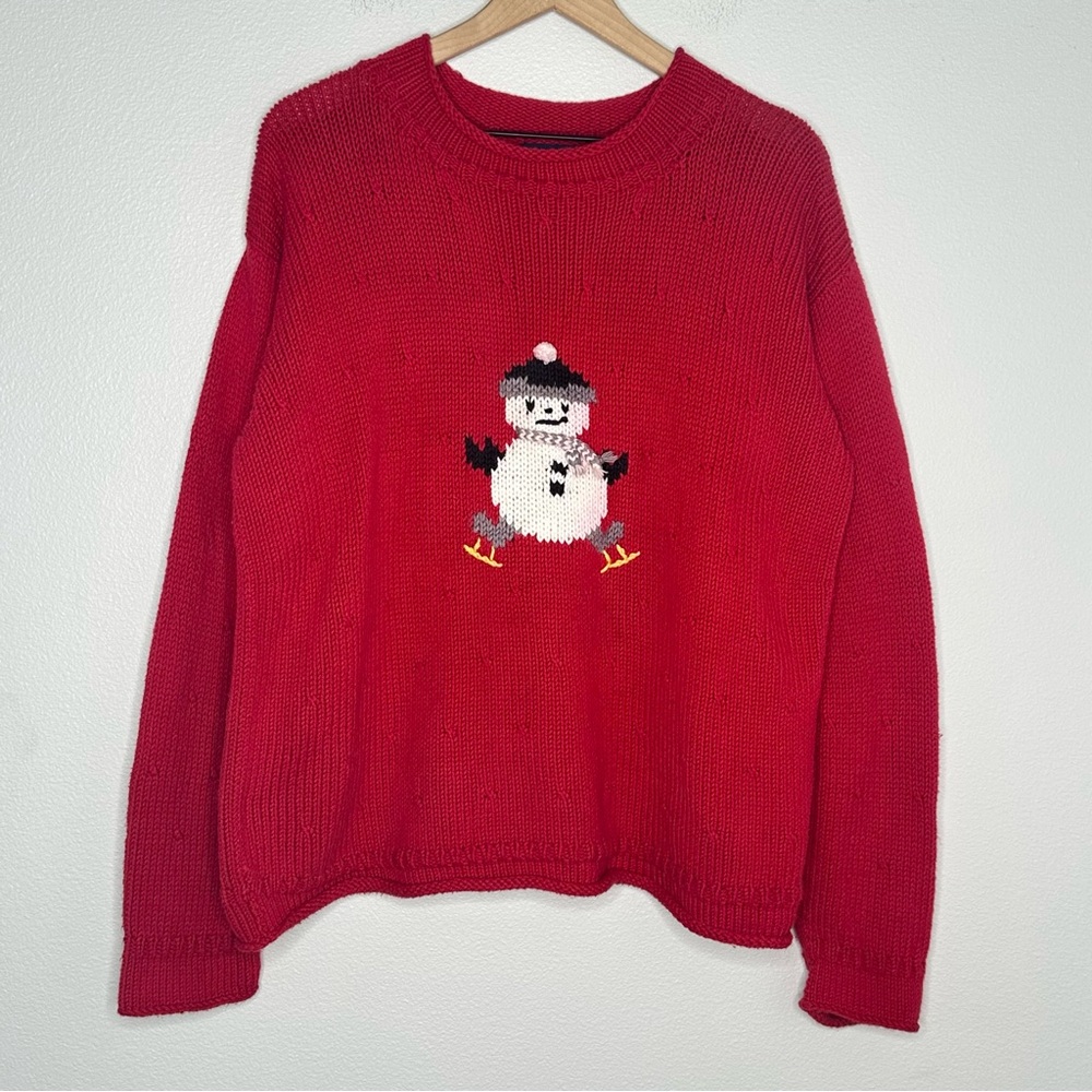 Vintage Rey Wear Hand Knit Sweater 100% Cotton Snowman Christmas Holiday Ugly
